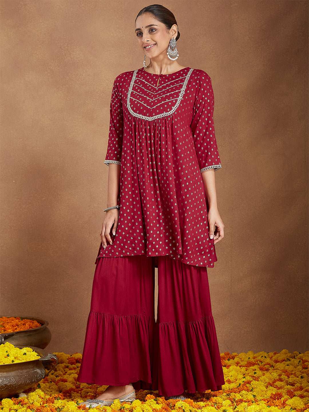 Maroon Rayon Sharara Set Sajnaa