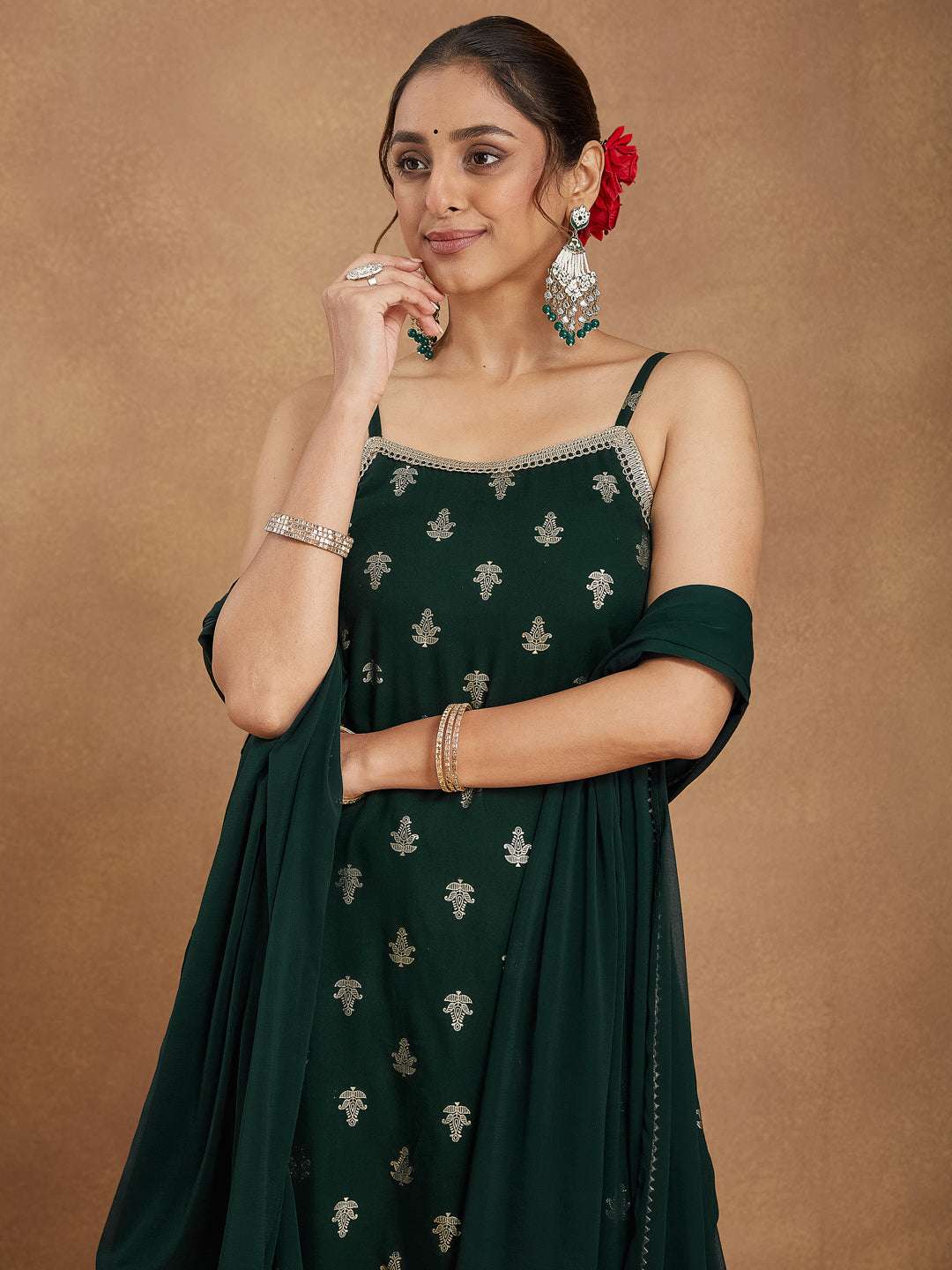 Dark Green Festive Foil Print Kurta Set for Women Sajnaa