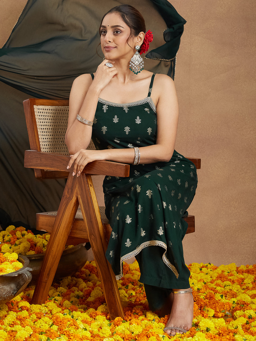 Dark Green Festive Foil Print Kurta Set for Women