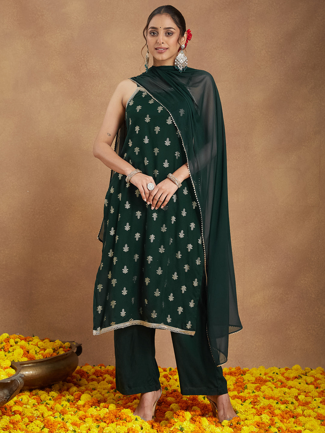 Dark Green Festive Foil Print Kurta Set for Women