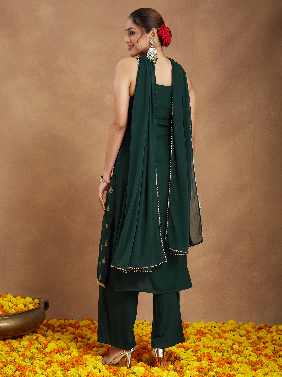 Dark Green Festive Foil Print Kurta Set for Women
