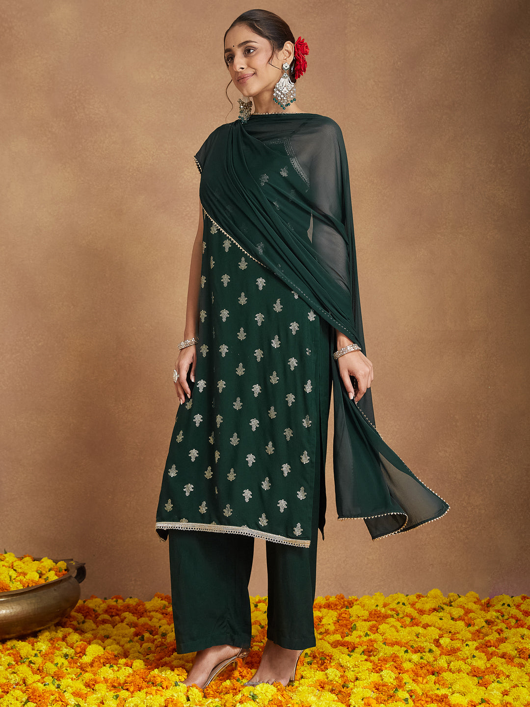 Dark Green Festive Foil Print Kurta Set for Women