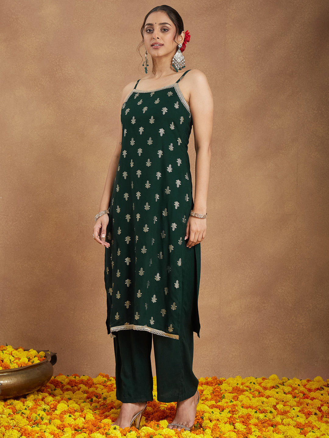 Dark Green Festive Foil Print Kurta Set for Women