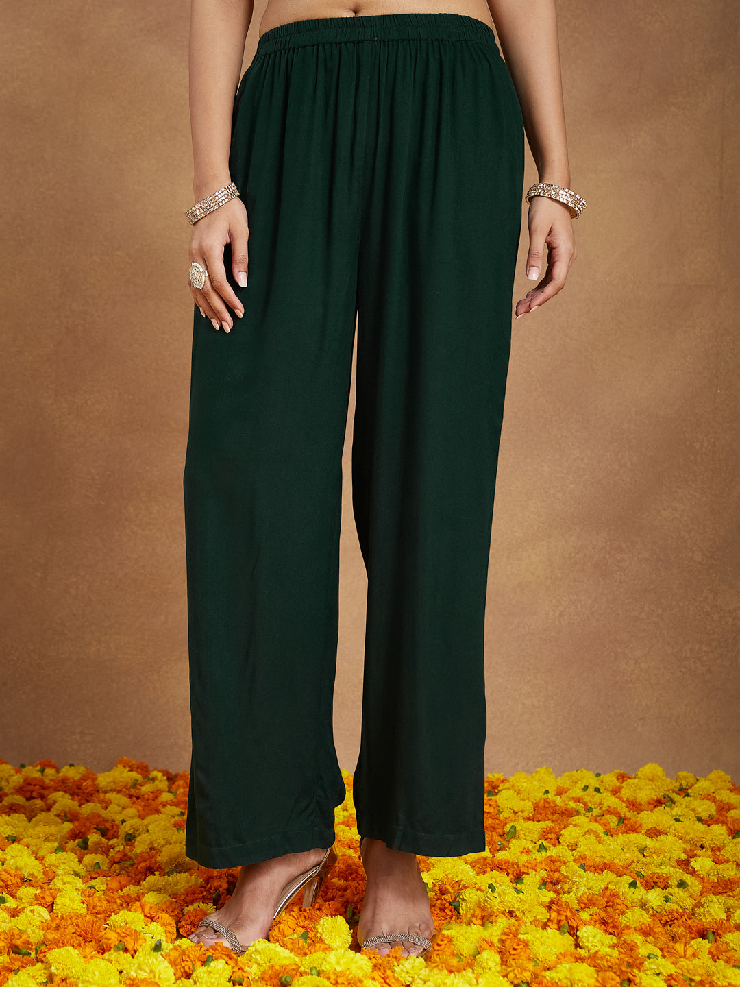 Dark Green Festive Foil Print Kurta Set for Women