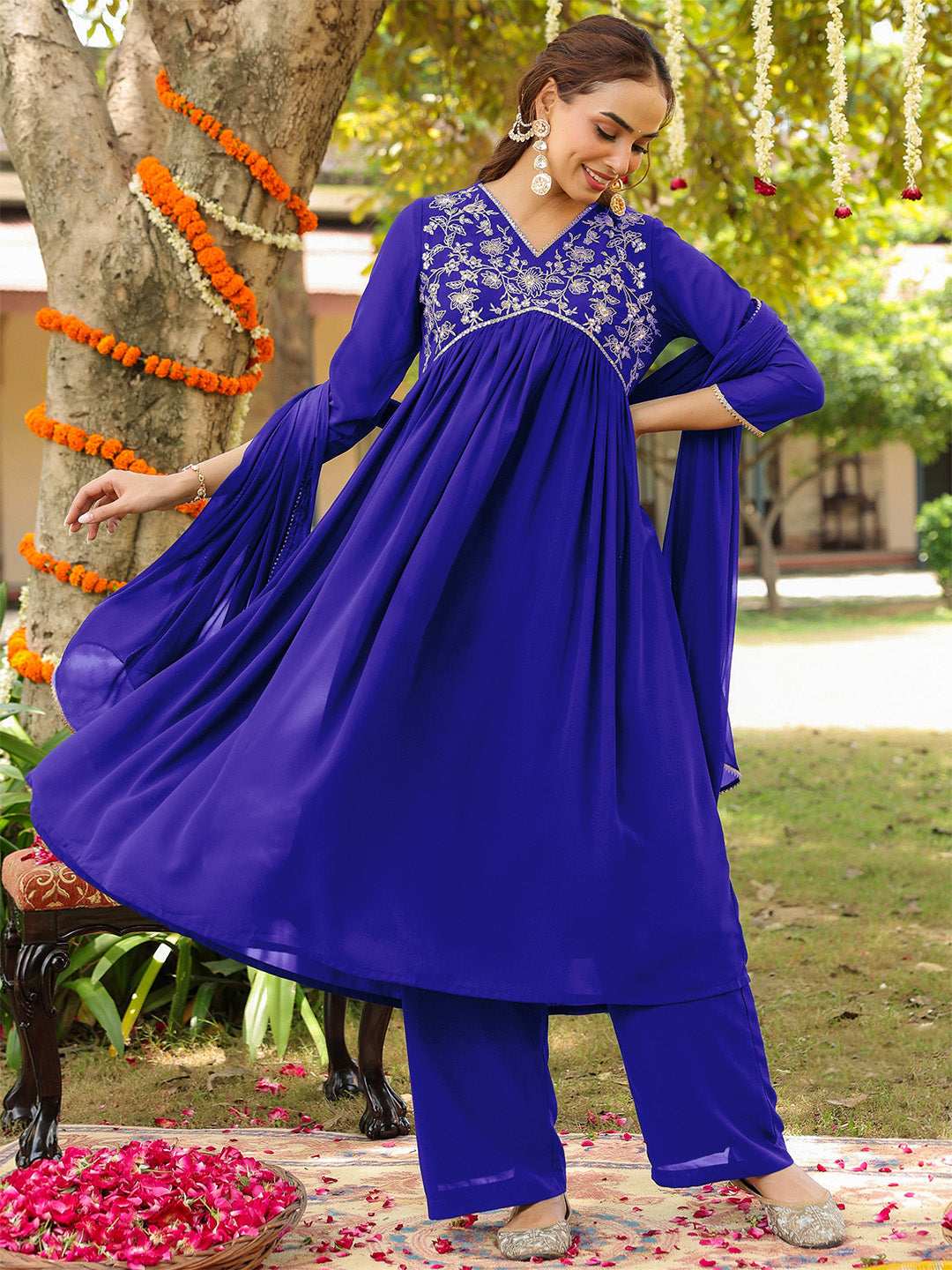 Charvi Royal Blue Georgette Embroidered Kurta Palazzo Set Sajnaa