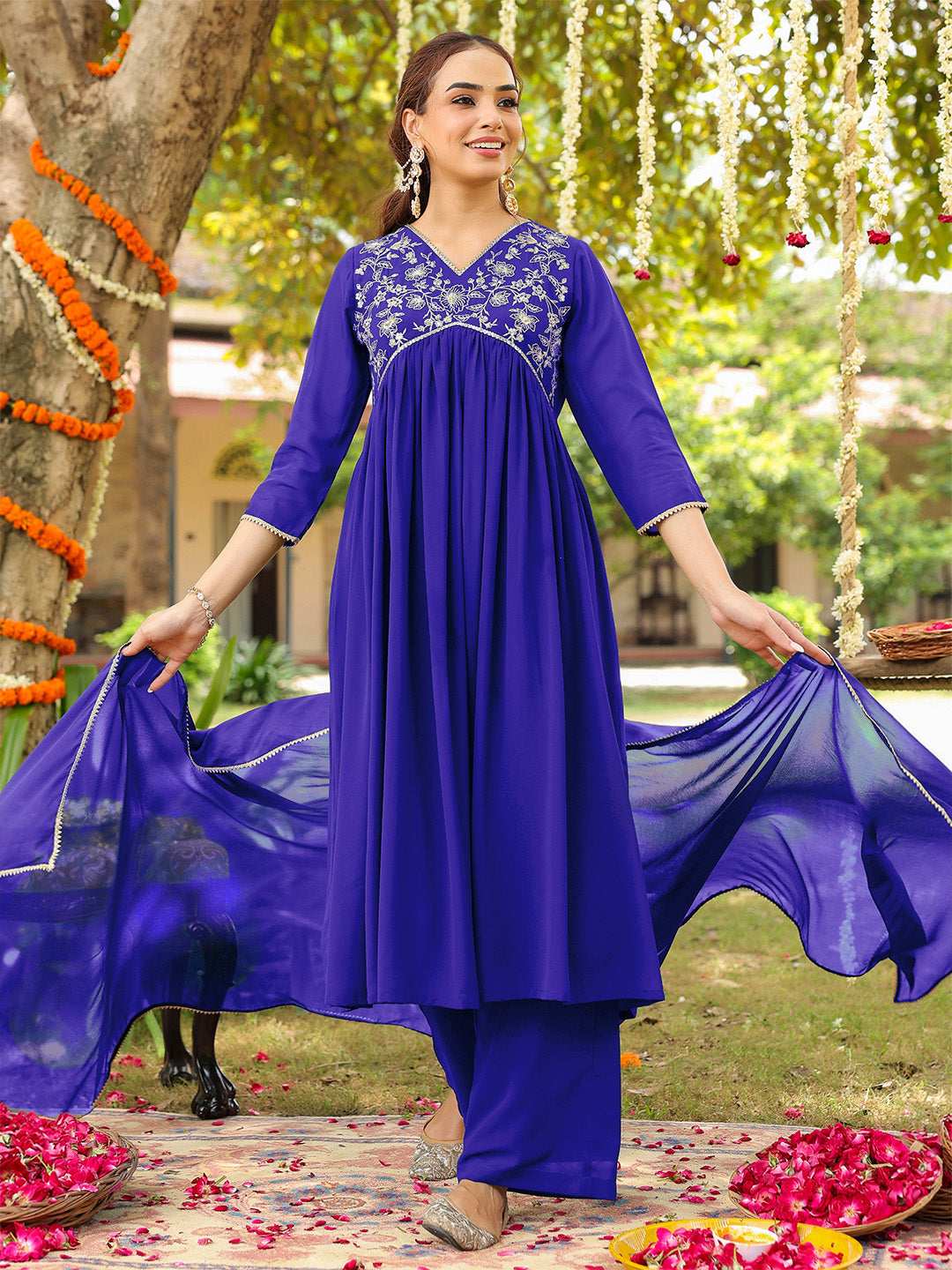 Charvi Royal Blue Georgette Embroidered Kurta Palazzo Set Sajnaa