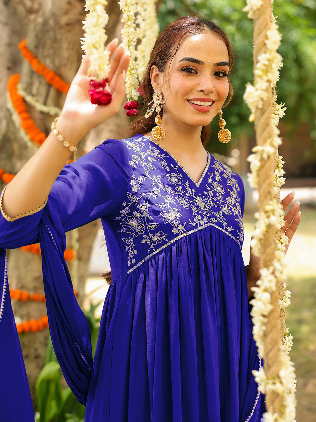 Charvi Royal Blue Georgette Embroidered Kurta Palazzo Set
