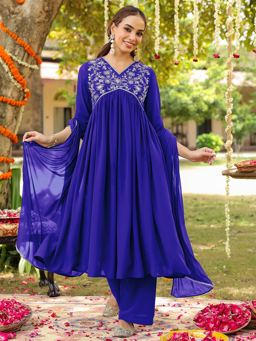 Charvi Royal Blue Georgette Embroidered Kurta Palazzo Set