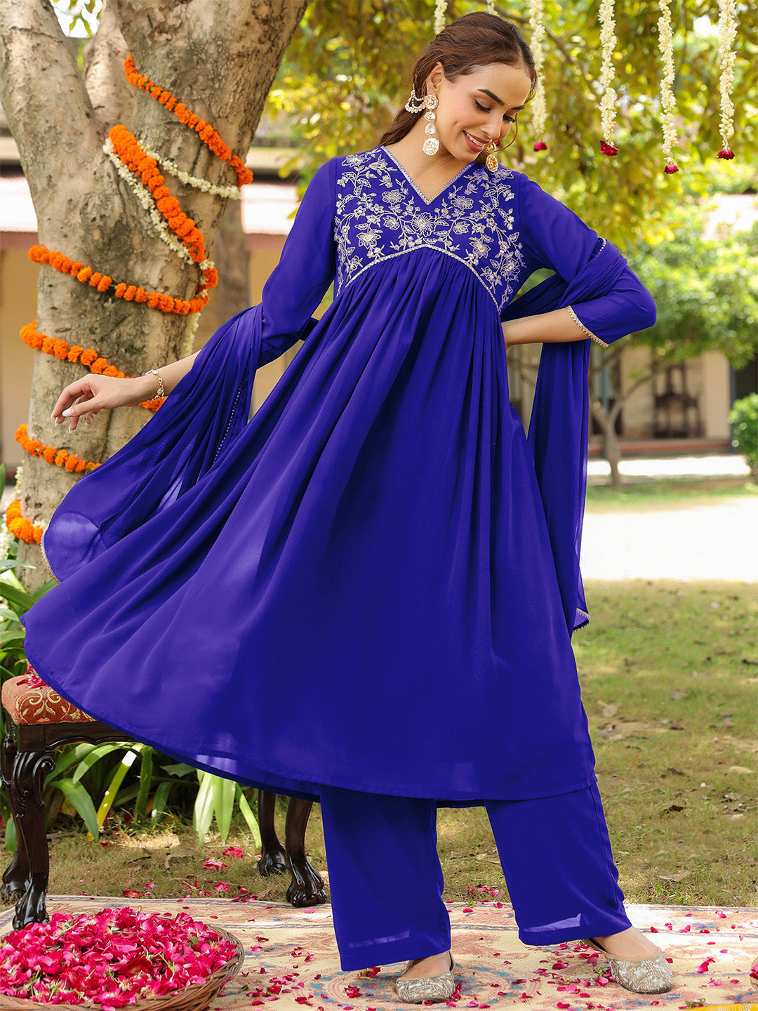 Charvi Royal Blue Georgette Embroidered Kurta Palazzo Set