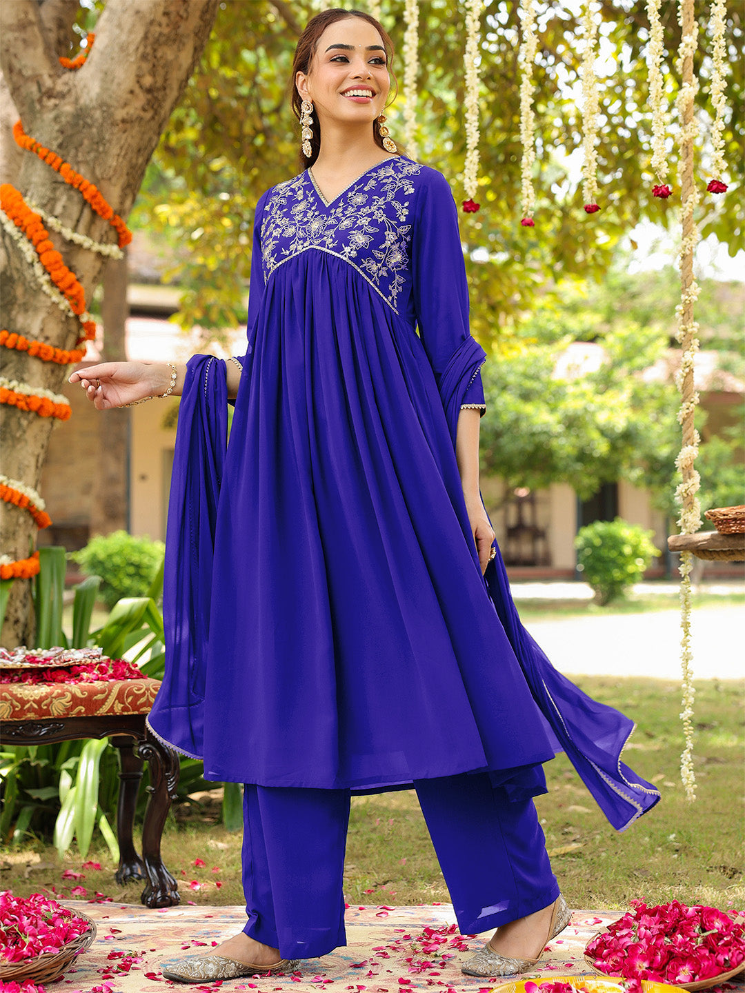 Charvi Royal Blue Georgette Embroidered Kurta Palazzo Set