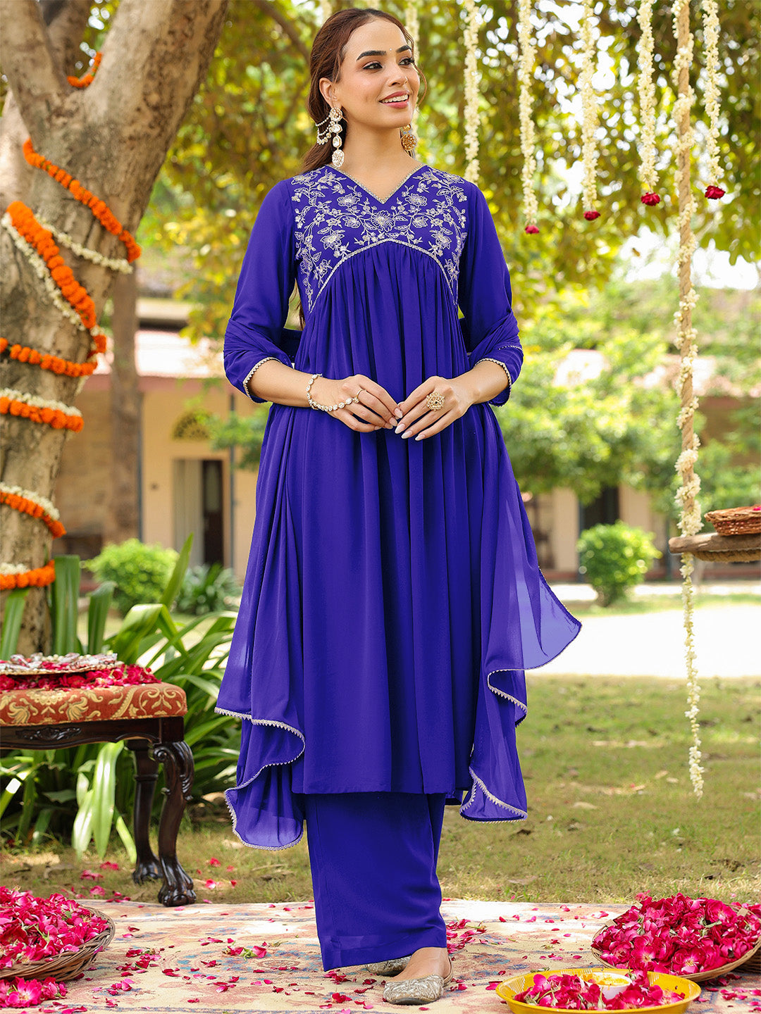 Charvi Royal Blue Georgette Embroidered Kurta Palazzo Set