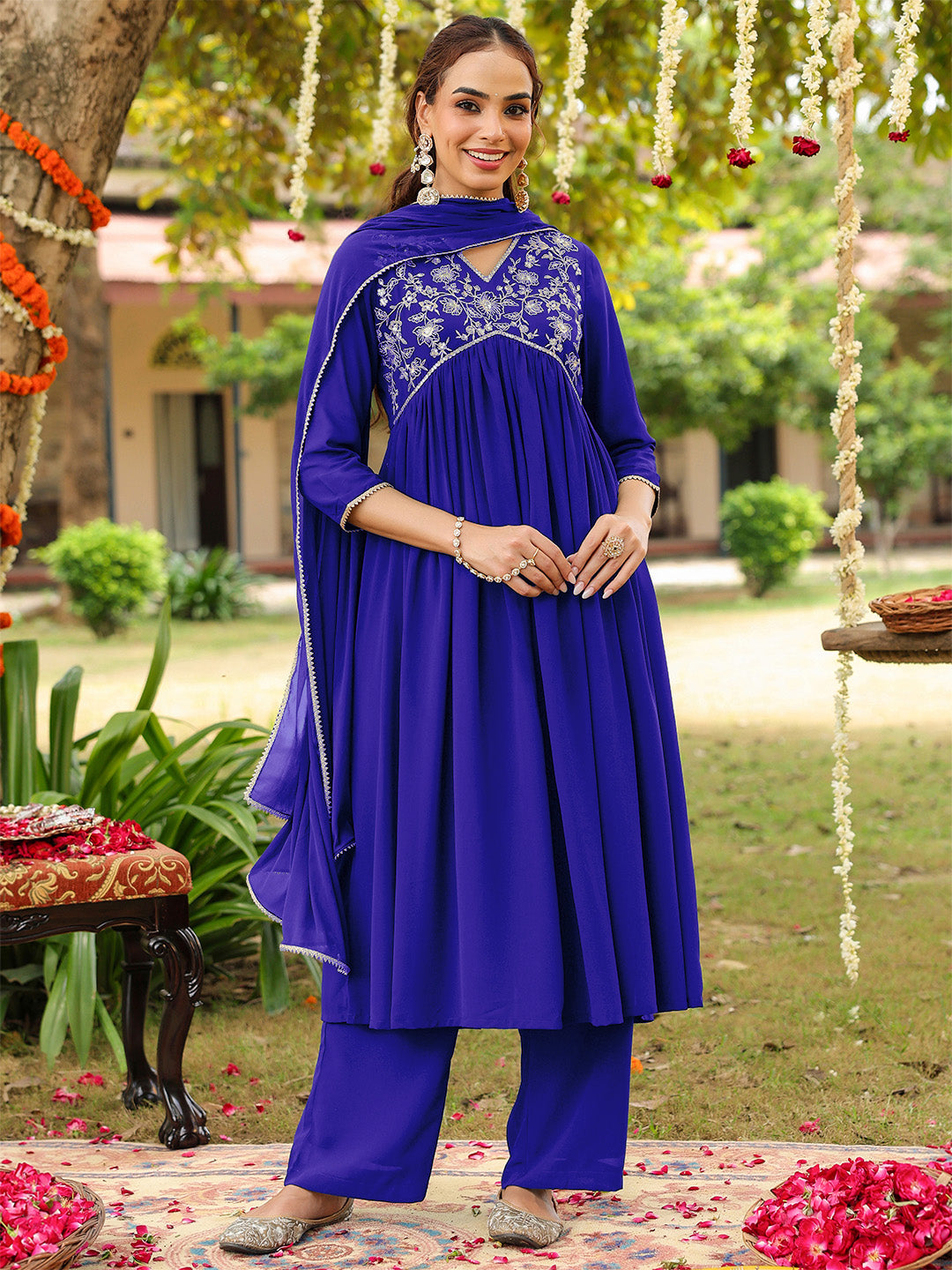 Charvi Royal Blue Georgette Embroidered Kurta Palazzo Set