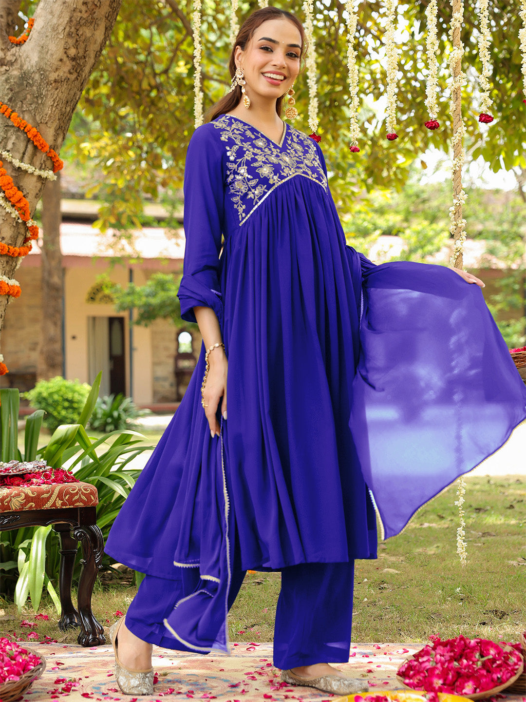 Charvi Royal Blue Georgette Embroidered Kurta Palazzo Set