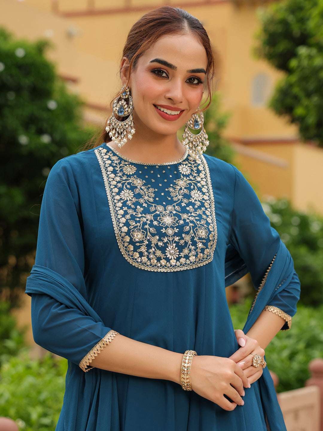 Veda Teal Georgette Anarkali Kurta Set Sajnaa