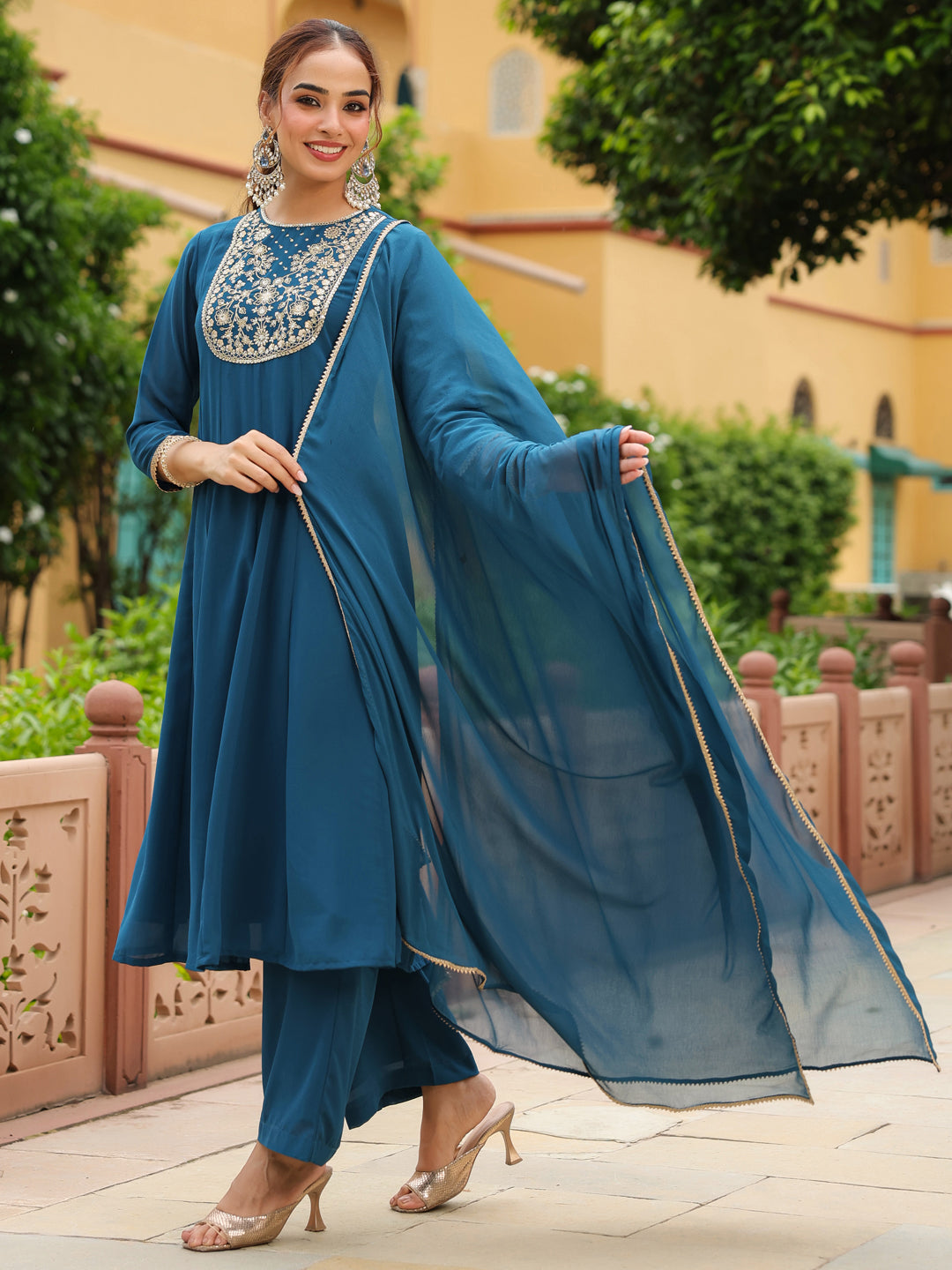 Veda Teal Georgette Anarkali Kurta Set