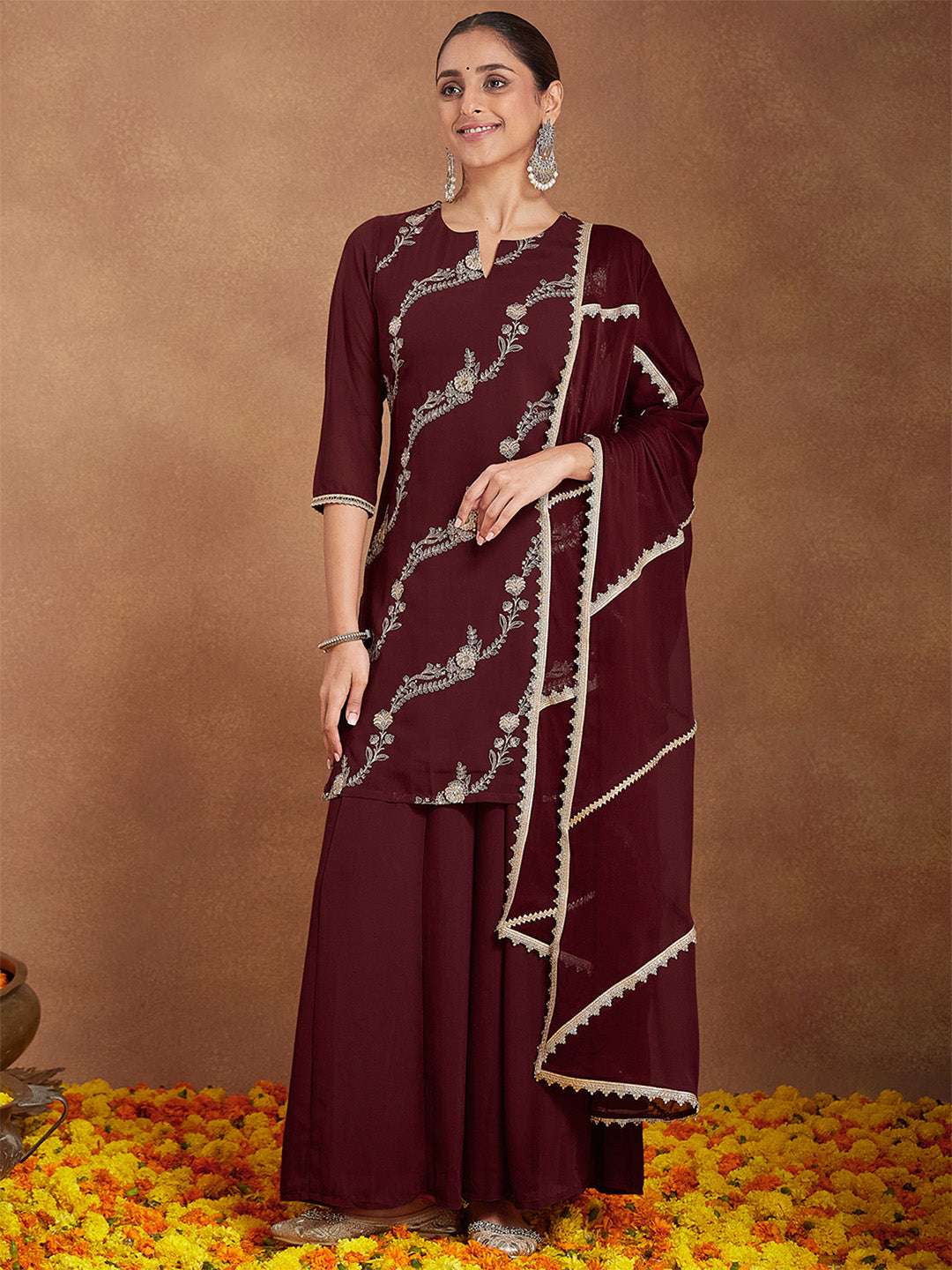 Kiara Maroon Georgette Sharara Set Sajnaa