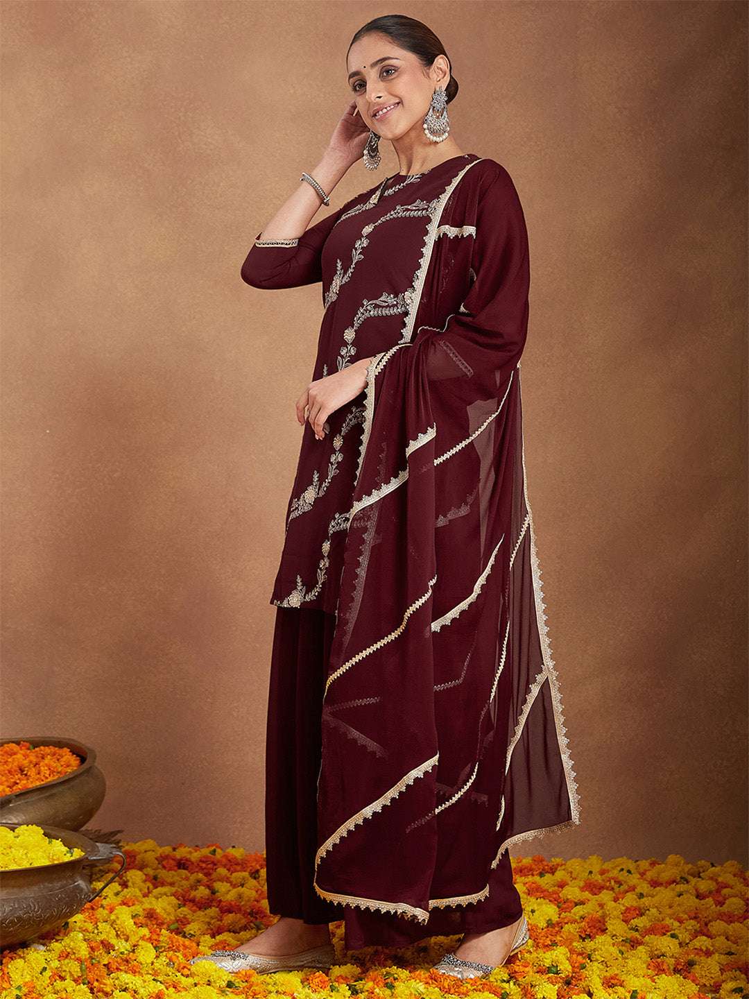 Kiara Maroon Georgette Sharara Set Sajnaa