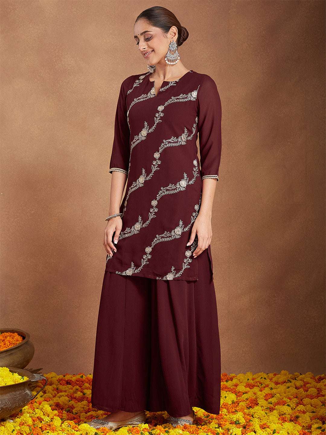 Kiara Maroon Georgette Sharara Set Sajnaa