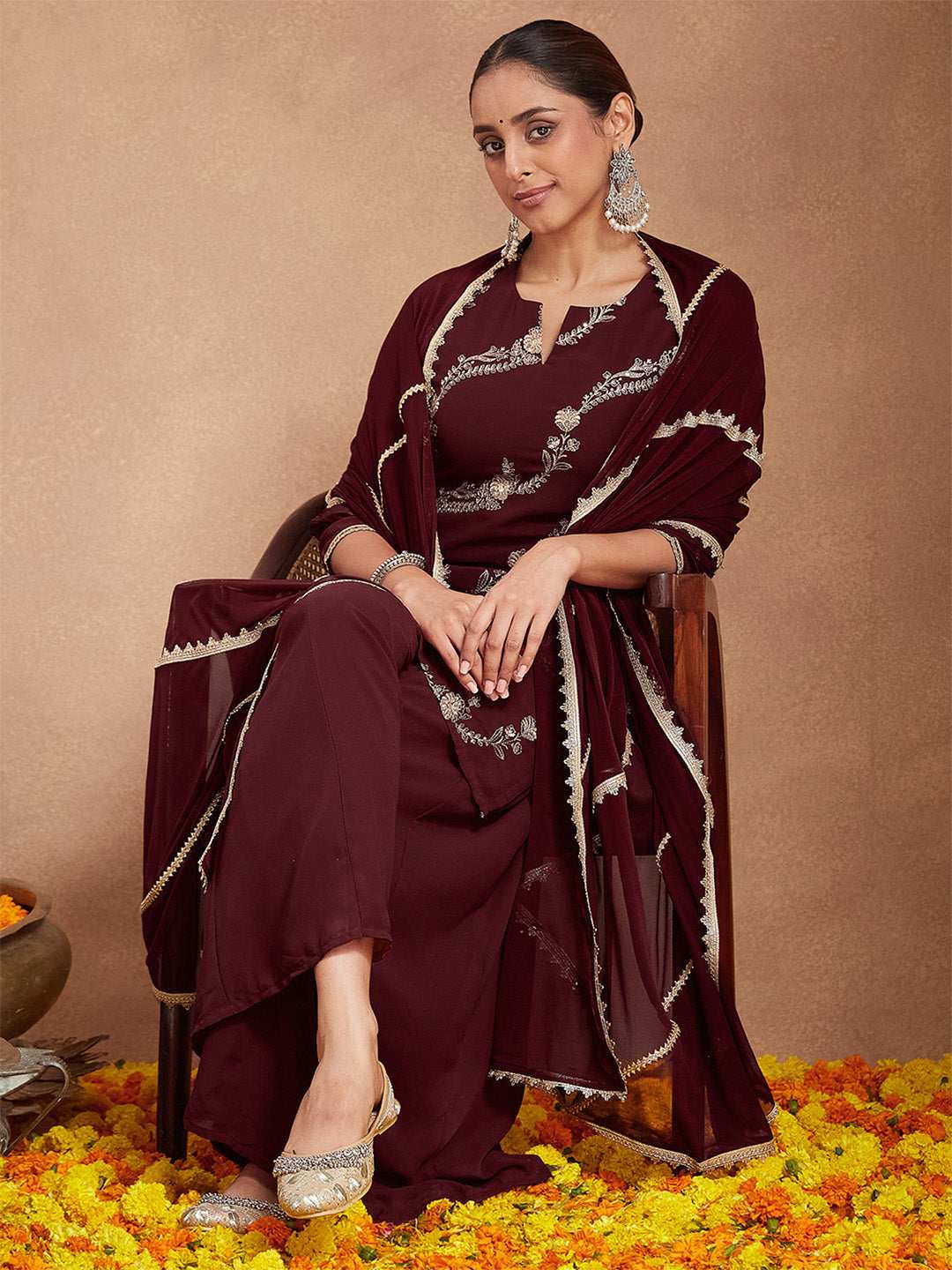 Kiara Maroon Georgette Sharara Set Sajnaa