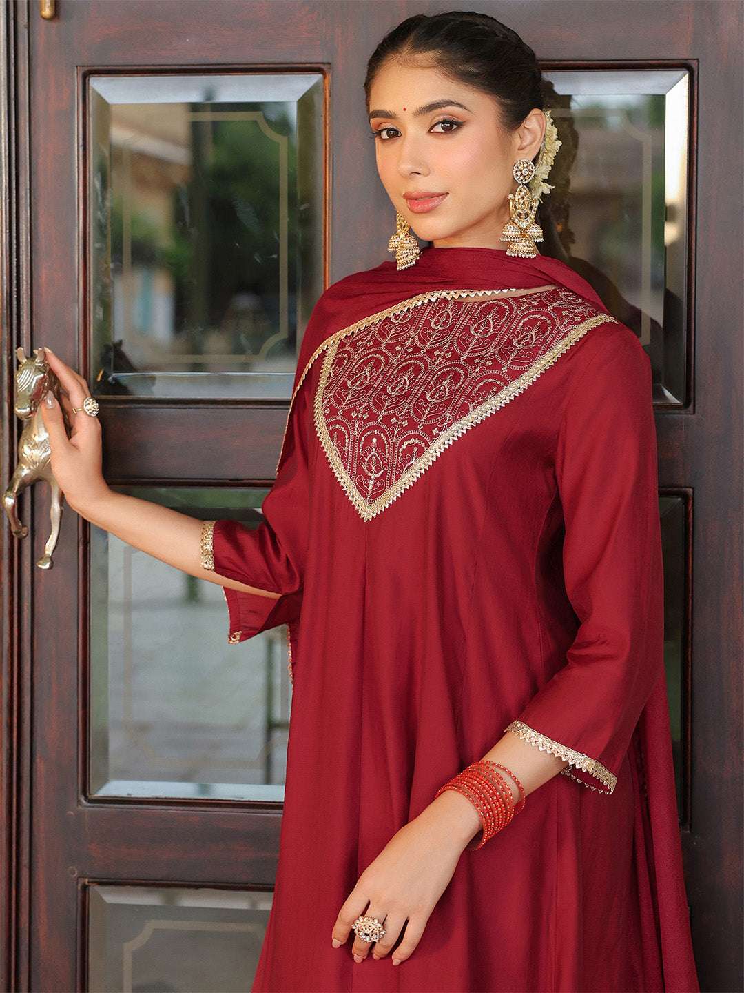 Diya Maroon Chanderi Anarkali Suit Set Sajnaa