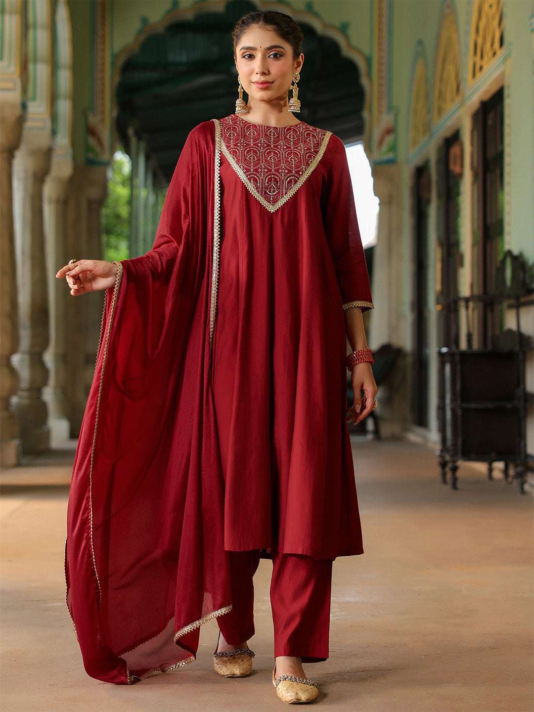 Diya Maroon Chanderi Anarkali Suit Set Sajnaa