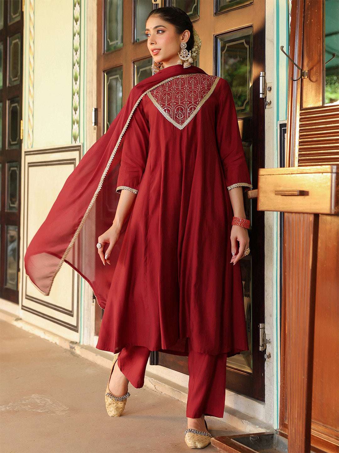 Diya Maroon Chanderi Anarkali Suit Set Sajnaa