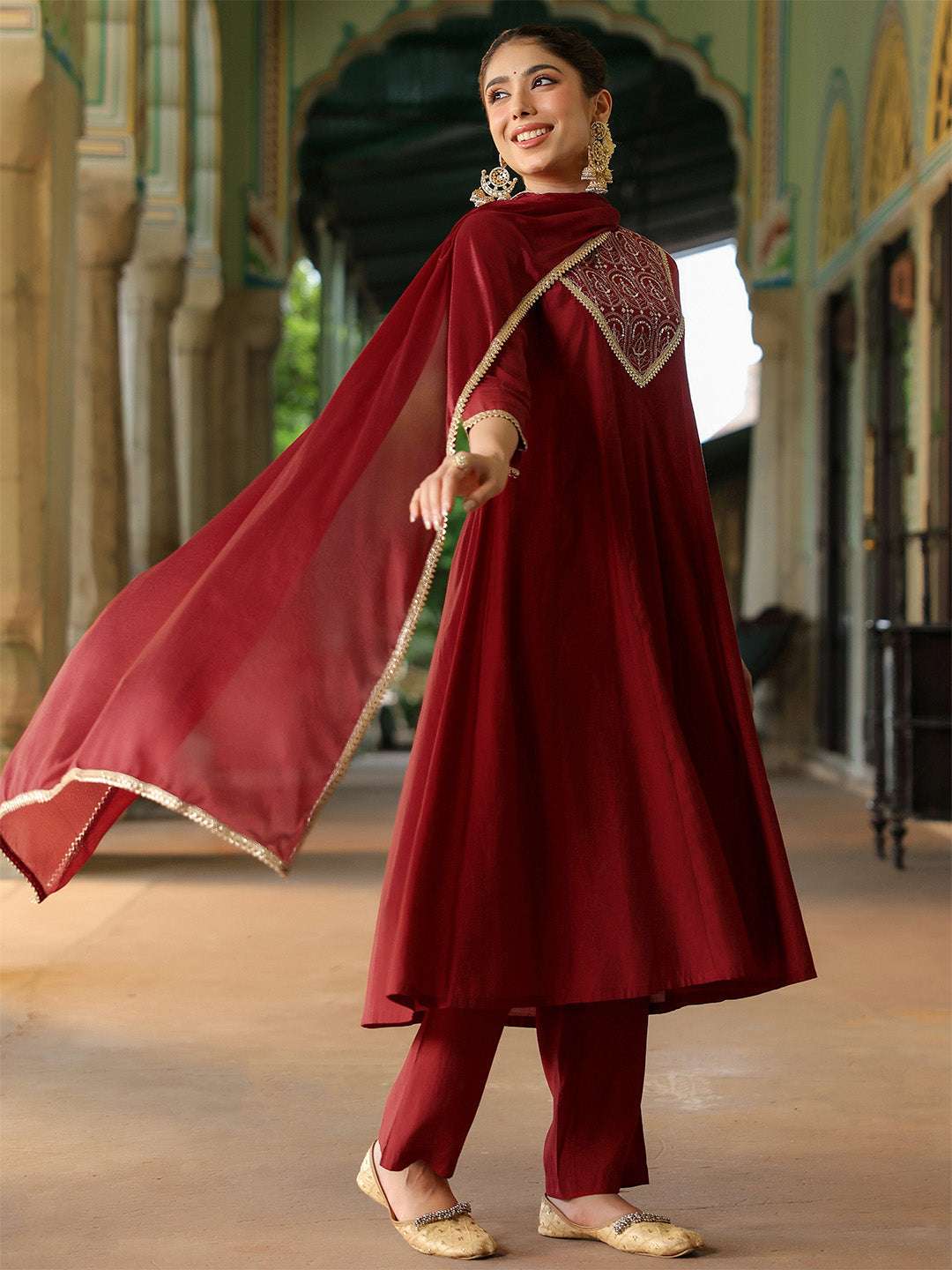 Diya Maroon Chanderi Anarkali Suit Set Sajnaa