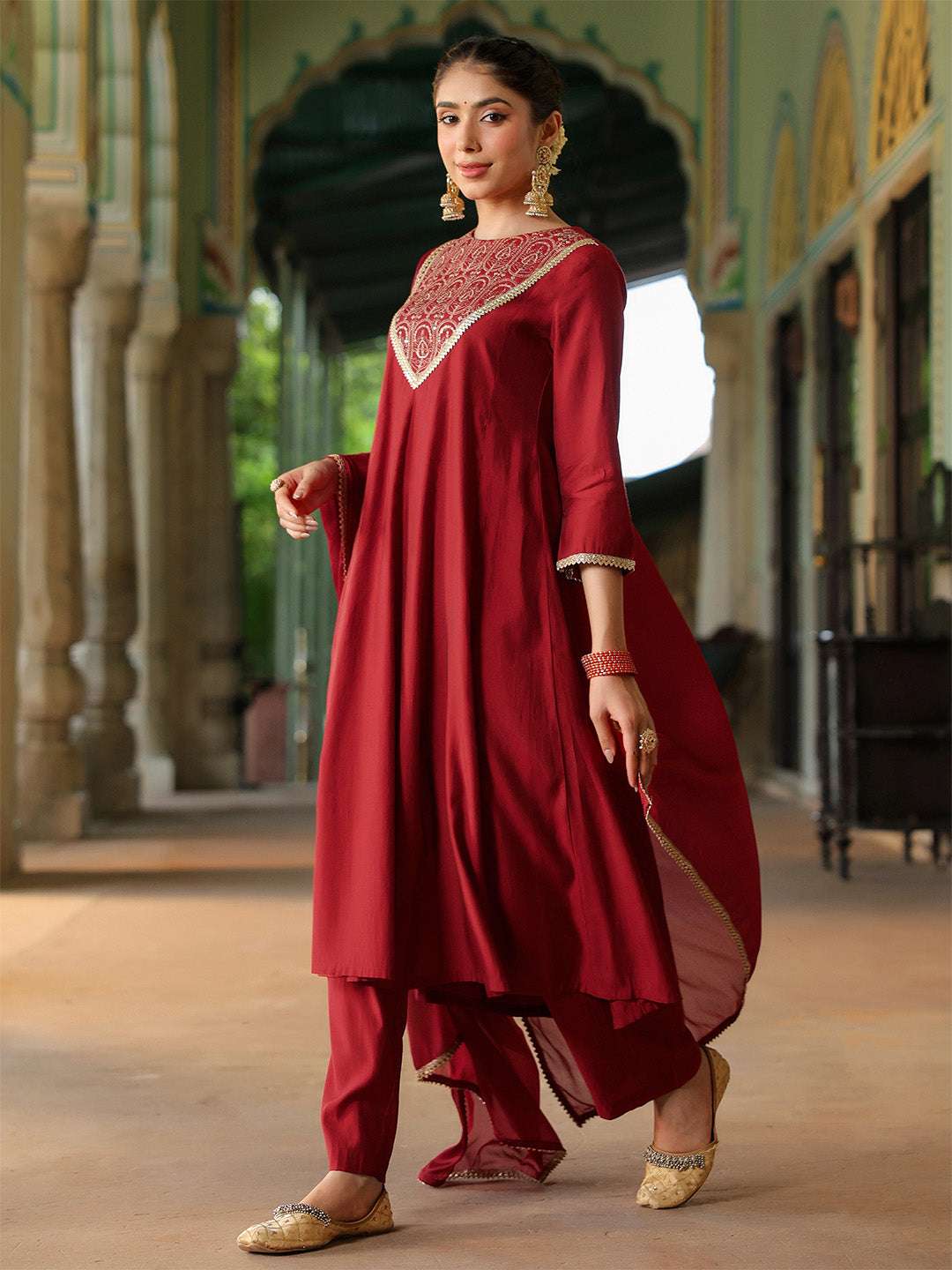 Diya Maroon Chanderi Anarkali Suit Set Sajnaa