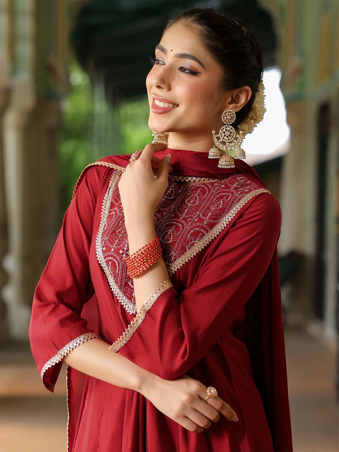 Diya Maroon Chanderi Anarkali Suit Set Sajnaa