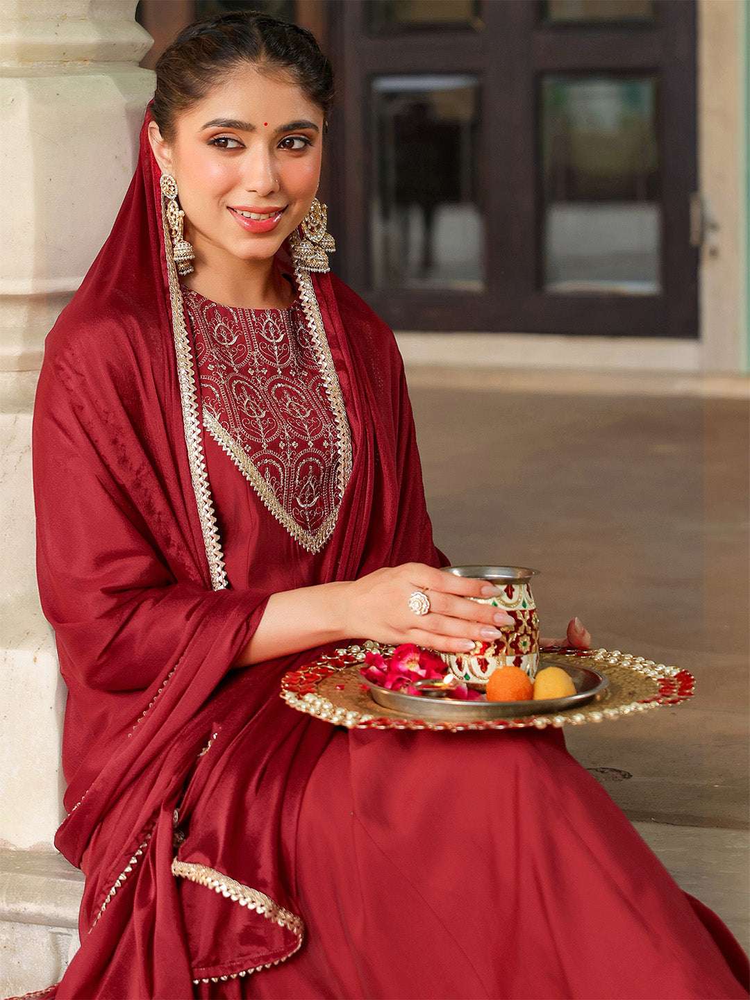 Diya Maroon Chanderi Anarkali Suit Set Sajnaa
