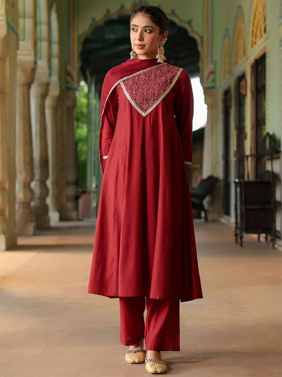 Diya Maroon Chanderi Anarkali Suit Set Sajnaa