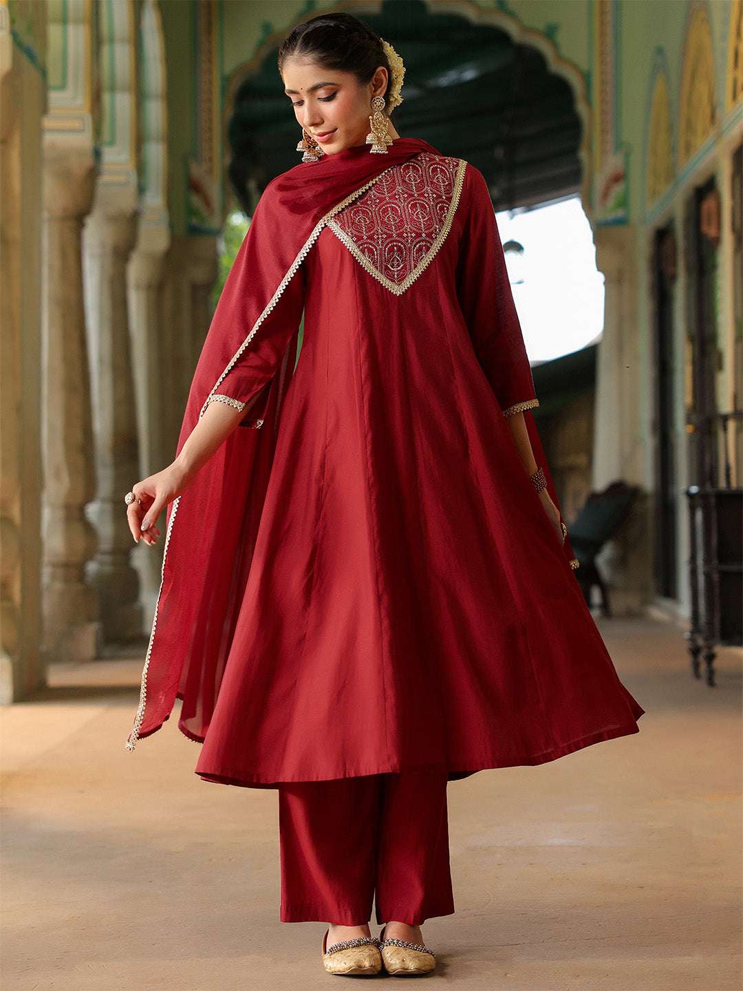 Diya Maroon Chanderi Anarkali Suit Set Sajnaa