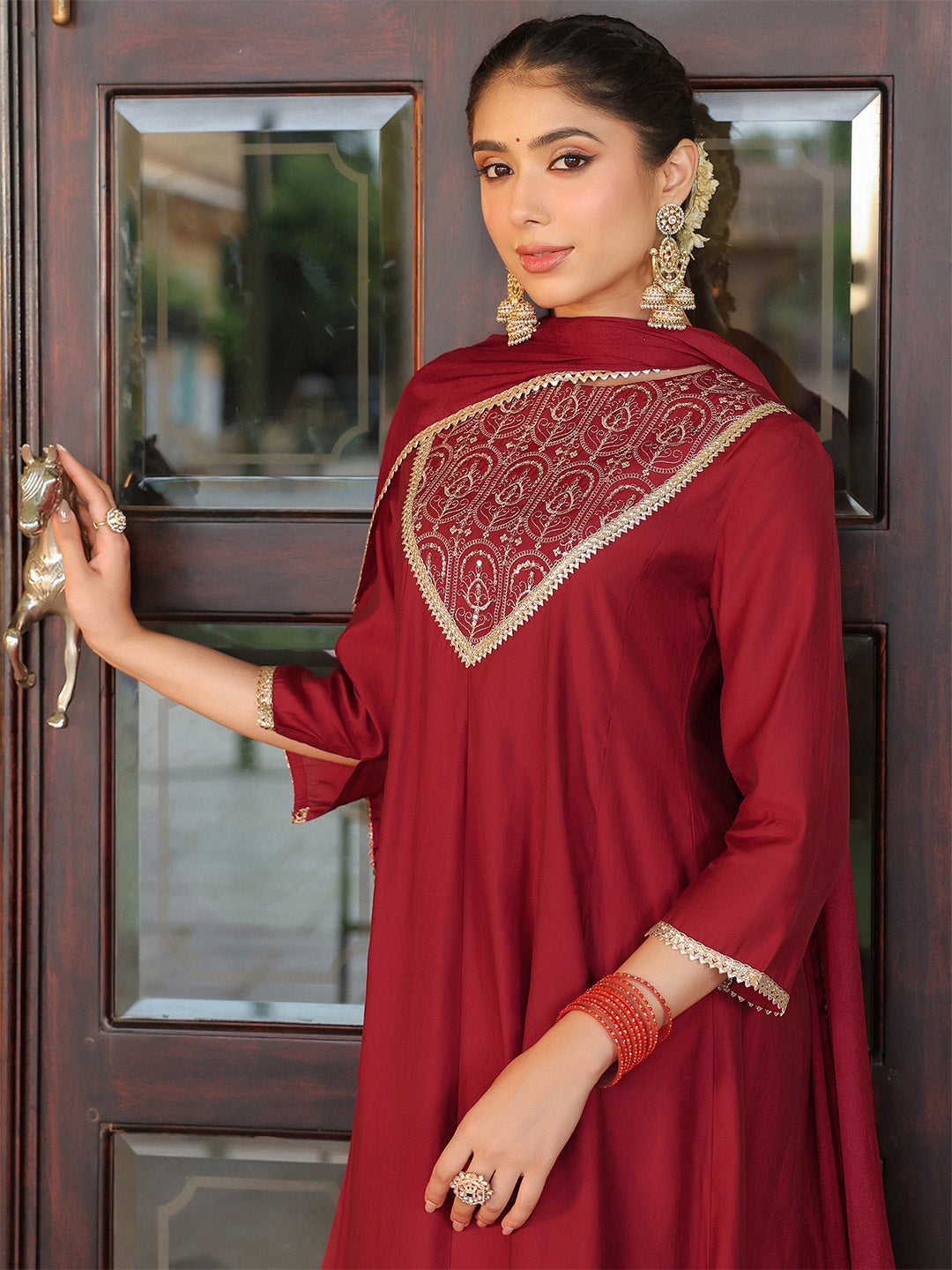 Diya Maroon Chanderi Anarkali Suit Set