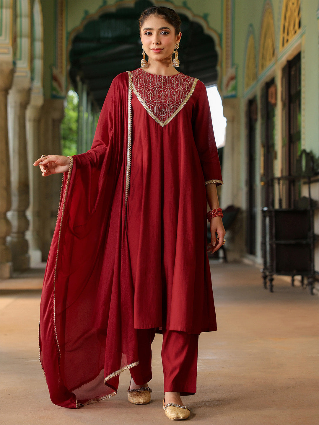 Diya Maroon Chanderi Anarkali Suit Set