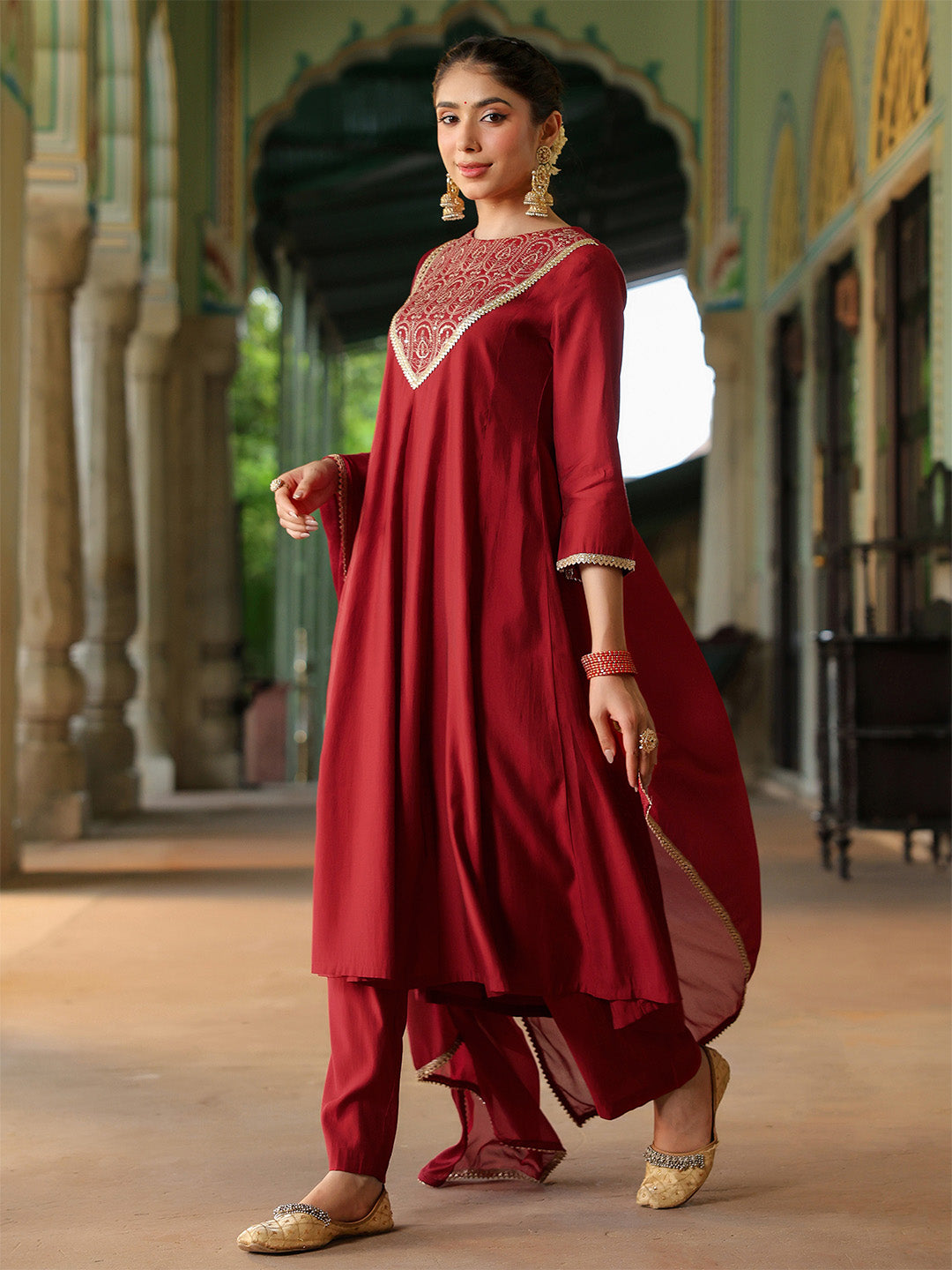 Diya Maroon Chanderi Anarkali Suit Set