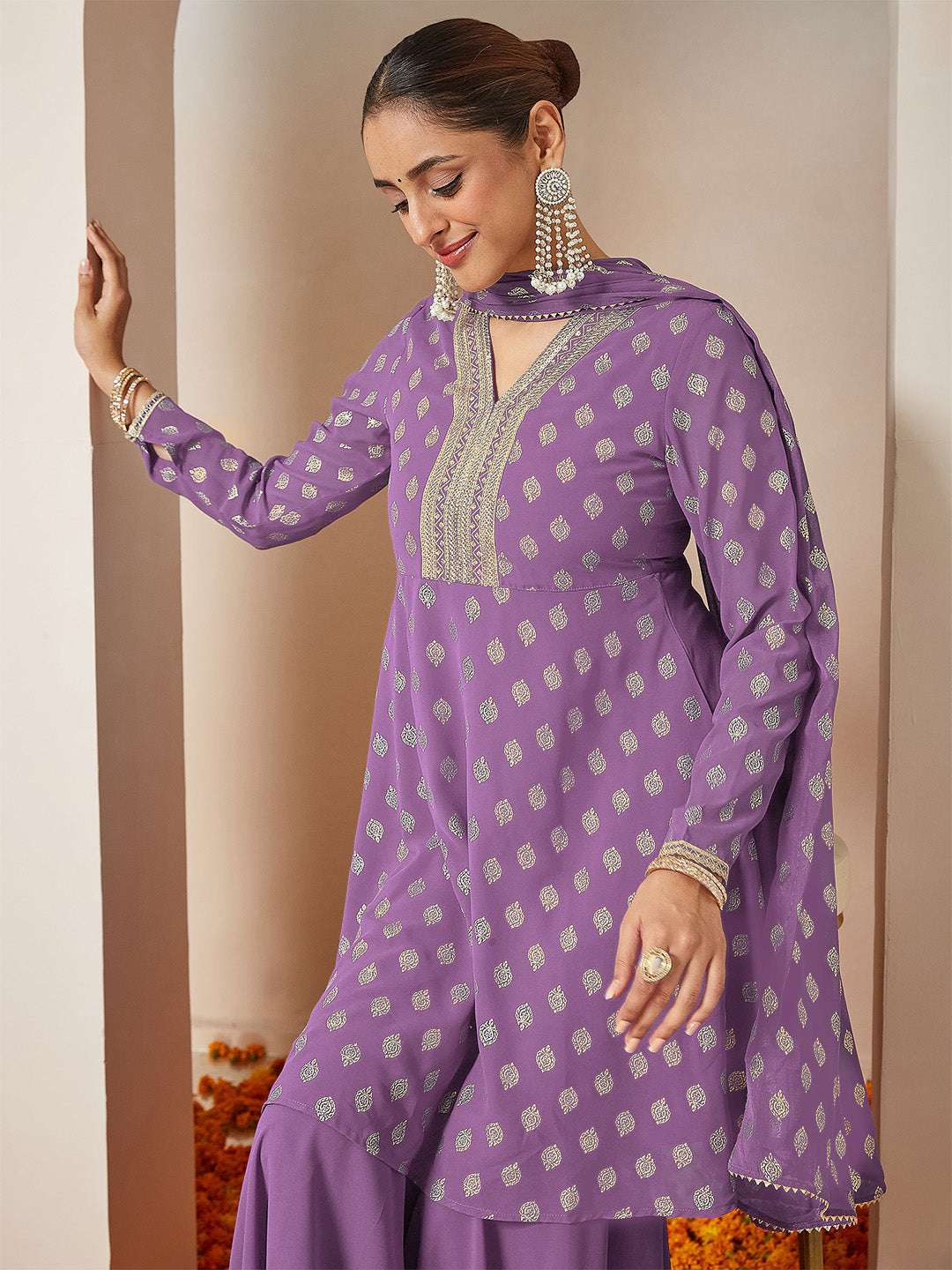 Purple Georgette Foil Print Sharara Set Sajnaa