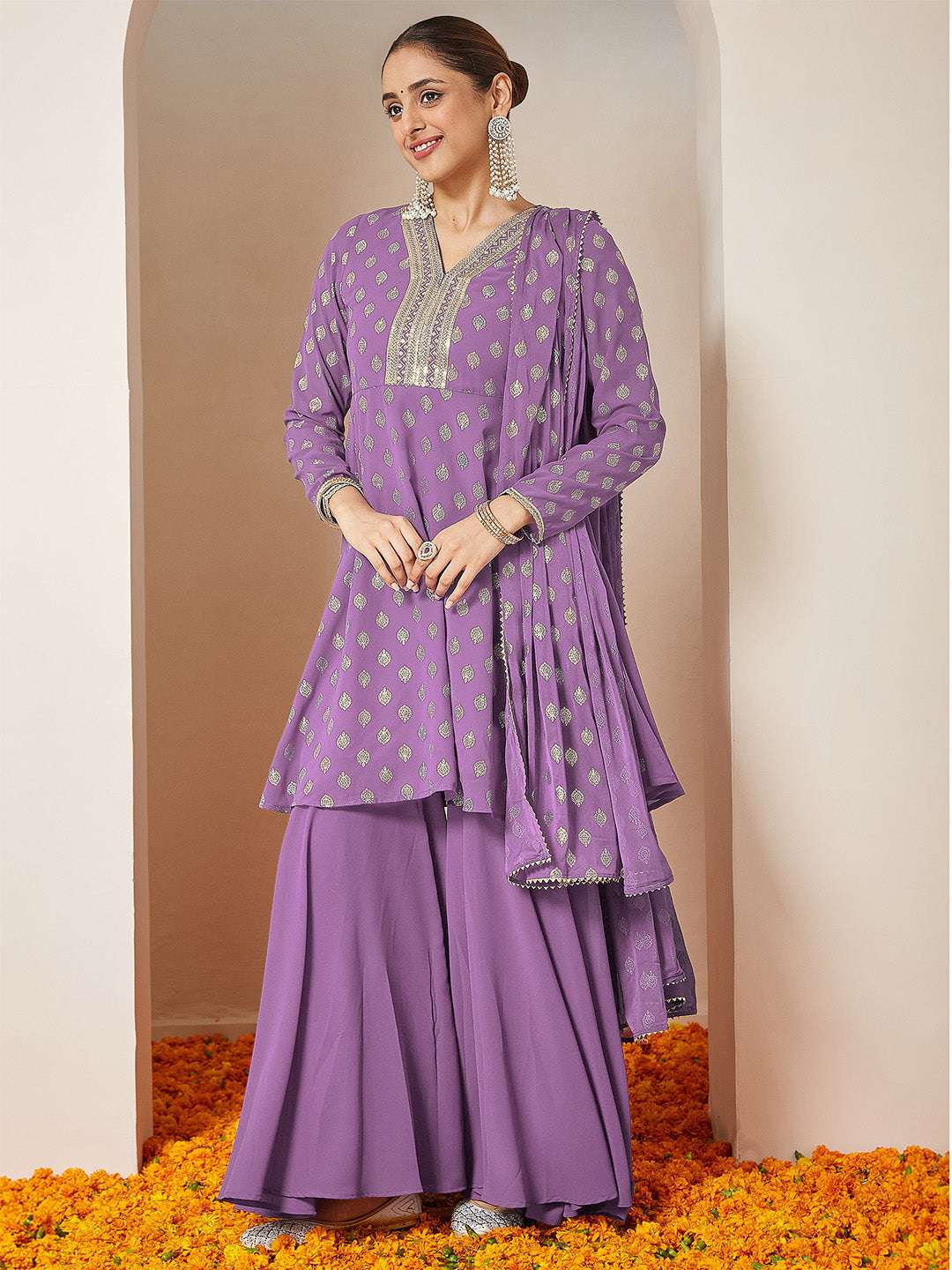 Purple Georgette Foil Print Sharara Set Sajnaa