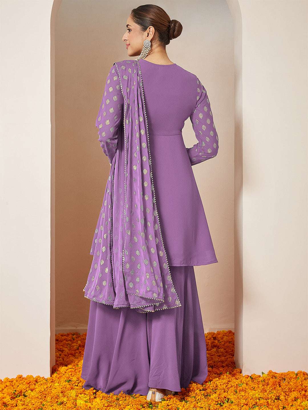 Purple Georgette Foil Print Sharara Set Sajnaa