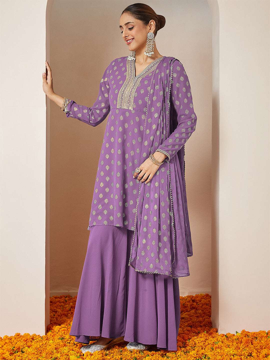 Purple Georgette Foil Print Sharara Set Sajnaa