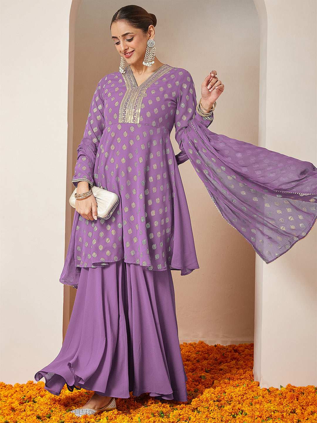 Purple Georgette Foil Print Sharara Set Sajnaa