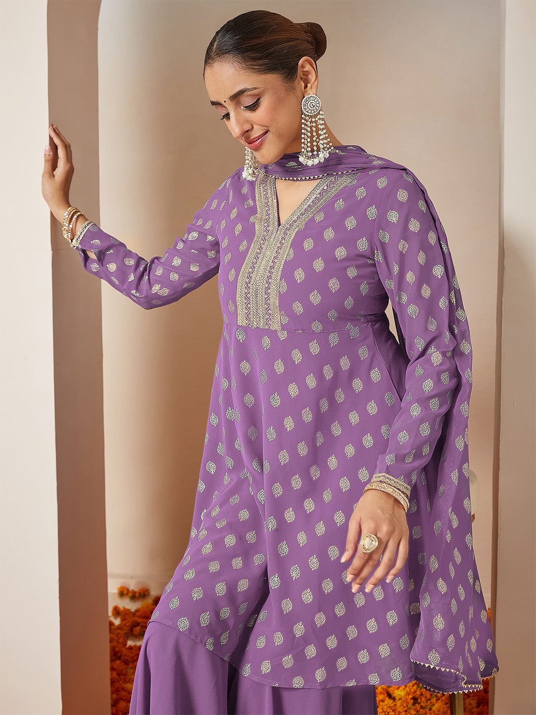 Purple Georgette Foil Print Sharara Set
