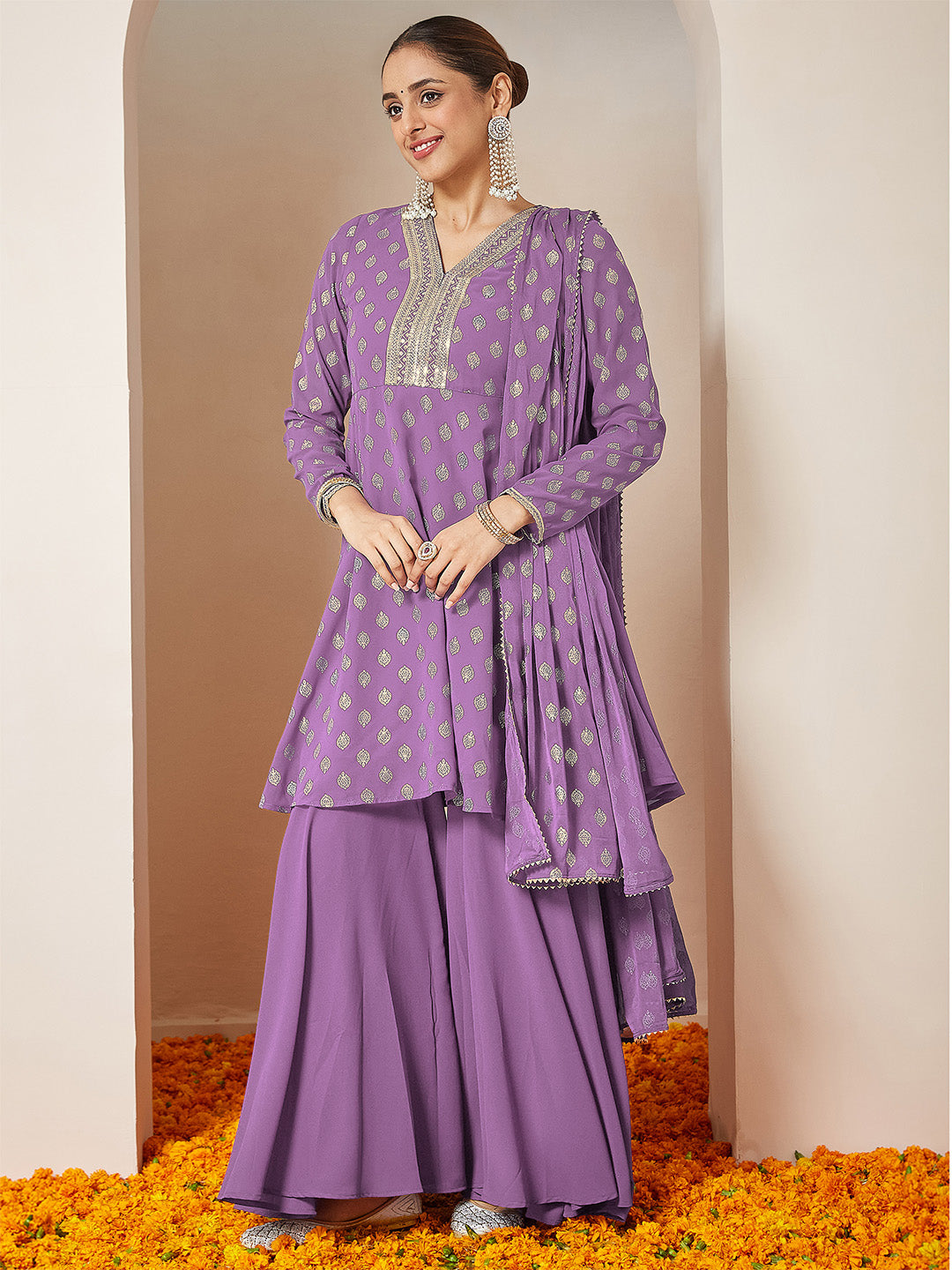 Purple Georgette Foil Print Sharara Set