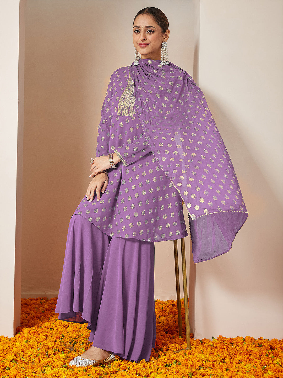 Purple Georgette Foil Print Sharara Set