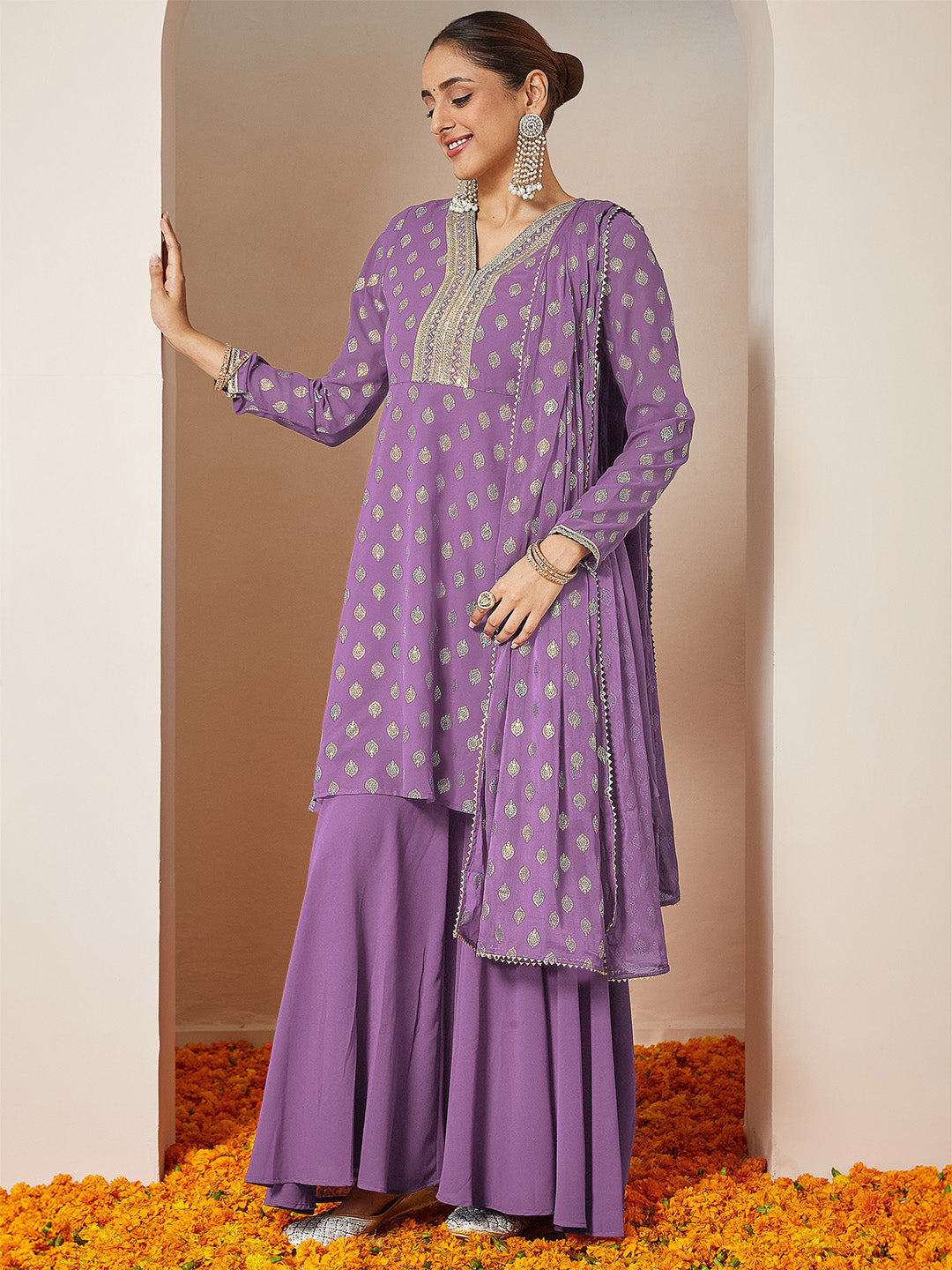 Purple Georgette Foil Print Sharara Set