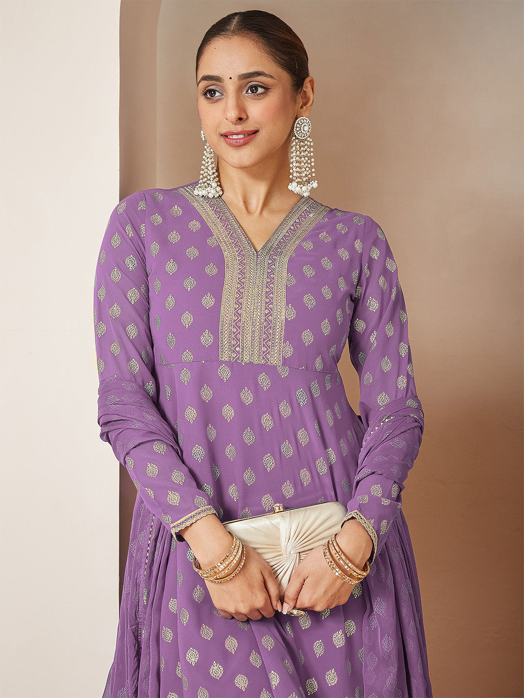 Purple Georgette Foil Print Sharara Set