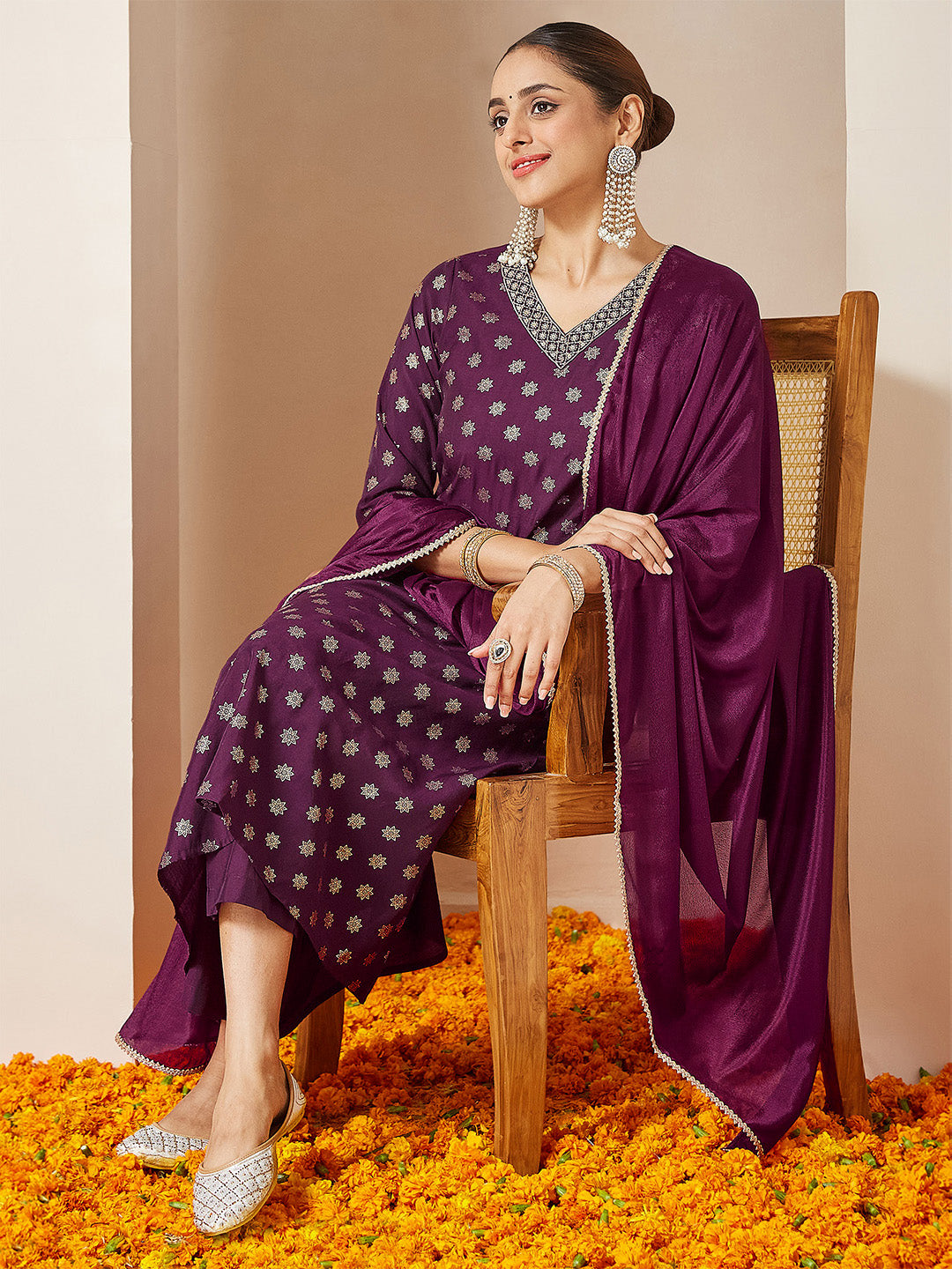 Vihana Wine Chanderi Silk Kurta Set