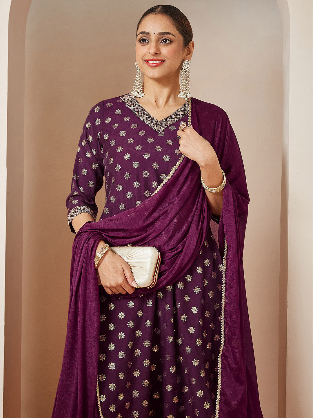 Vihana Wine Chanderi Silk Kurta Set