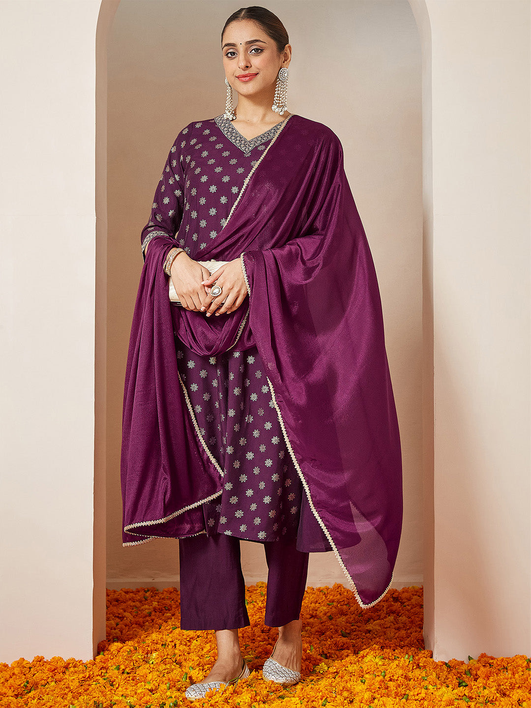 Vihana Wine Chanderi Silk Kurta Set