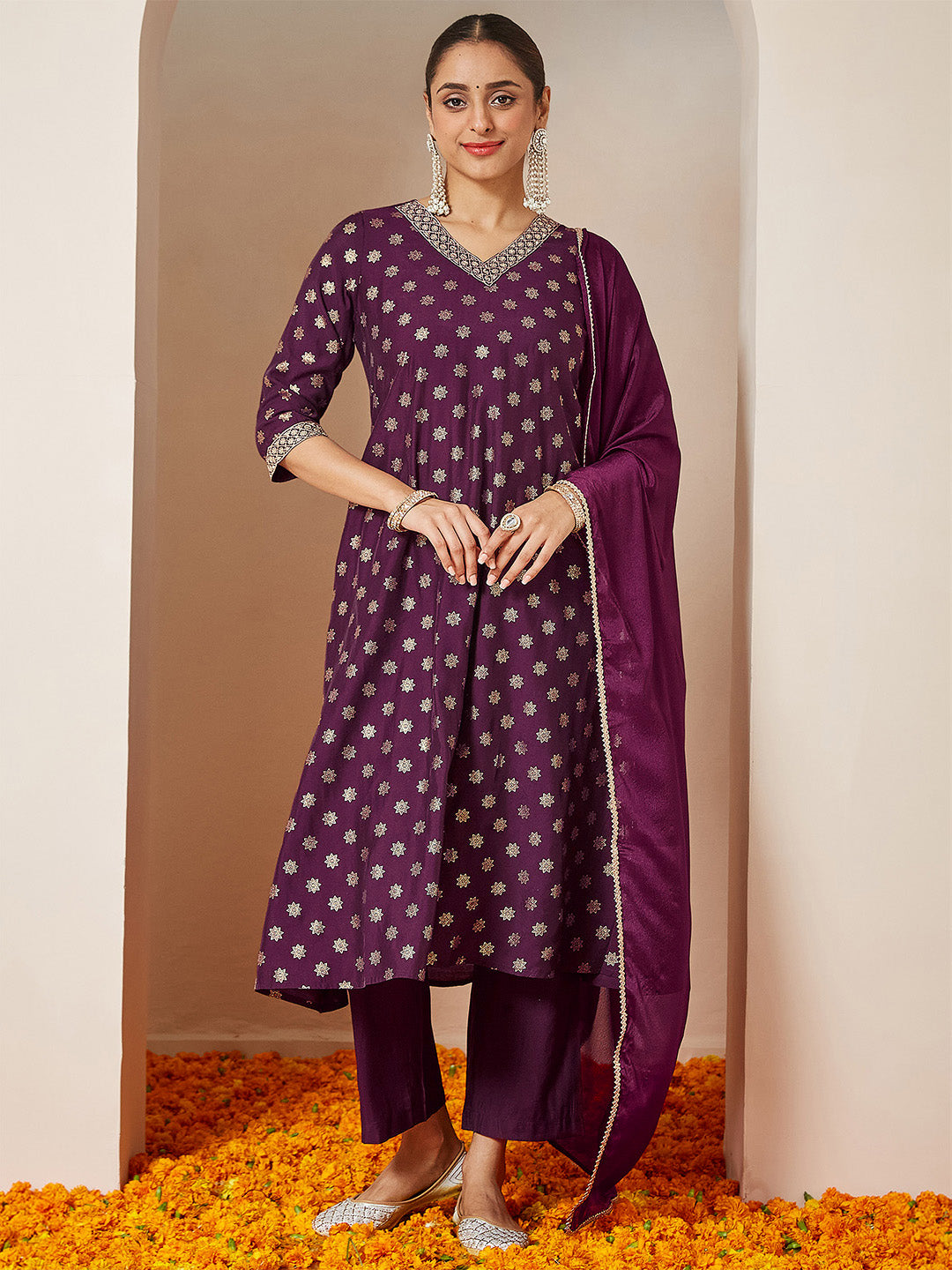 Vihana Wine Chanderi Silk Kurta Set