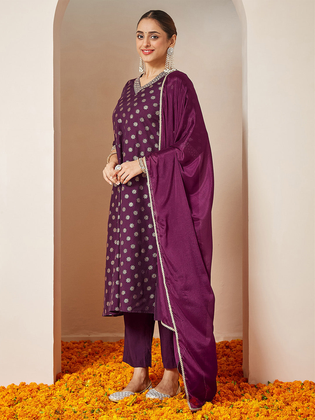 Vihana Wine Chanderi Silk Kurta Set